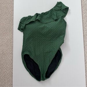 Hermoza Textured Green One-Shoulder Swimsuit with Ruffle Size 12